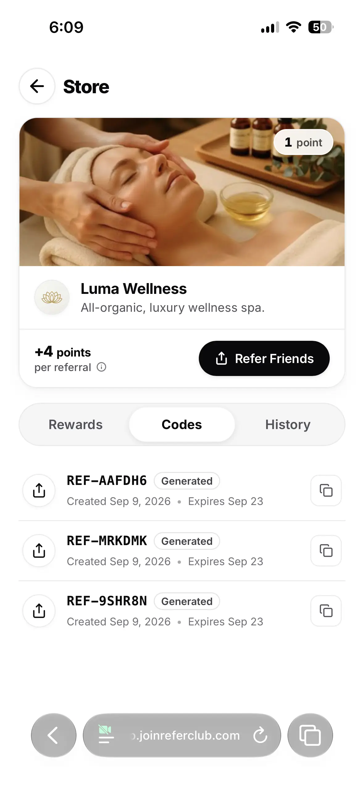 Store referral codes screen on iPhone 15 Pro