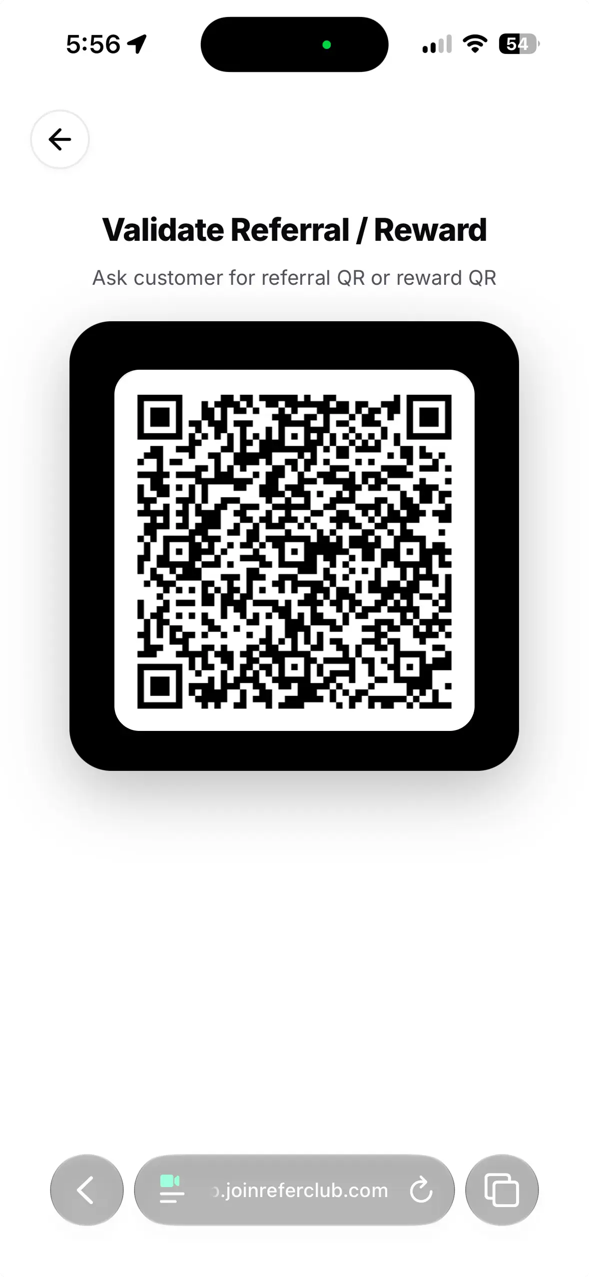 Referral and reward validation scanner screen on iPhone 15 Pro
